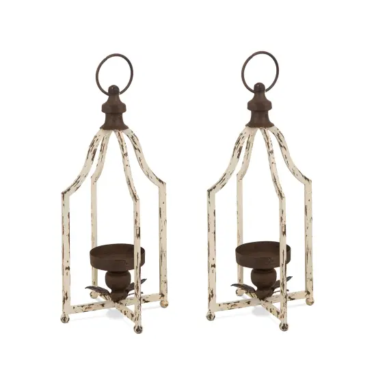 Set of 2 White Farmhouse Metal Decorative Lanterns Hanging Candle Holders Wedding Decor {1}