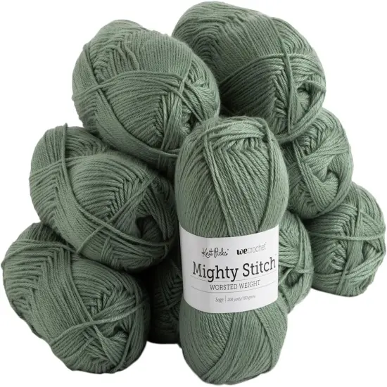 Mighty Stitch Acrylic and Superwash Wool Blend Worsted Weight Green Yarn Pack - 10 skeins of 100g Each - 2080 Yards Total (Sage) {1}