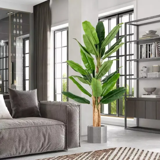 6.5' Tall Artificial Banana Tree w/ 27 Large Leaves Triple Stalks Natural Bark {2}