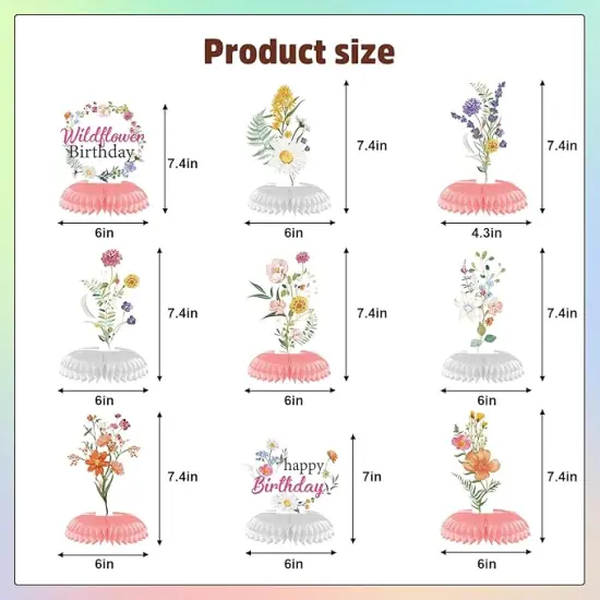Flower Birthday Table Decorations - 9PCS Wildflower Birthday Party Decorations Spring Birthday Party Table Decor Supplies Floral Birthday Party Honeycomb Centerpiece Decorations for Girls Women {2}