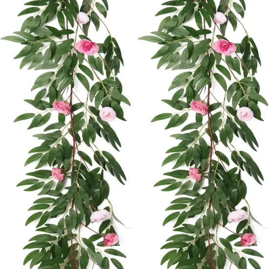 Artificial Hanging Willow Leaves Vine Twigs Whit Roses Flower 2Pc 5.7Ft Faux Ivy Plant Silk Green Leaf Rose Floral Garland Greenery Indoor Outdoor Wedding Jungle Birthday Party Garden Decor {1}