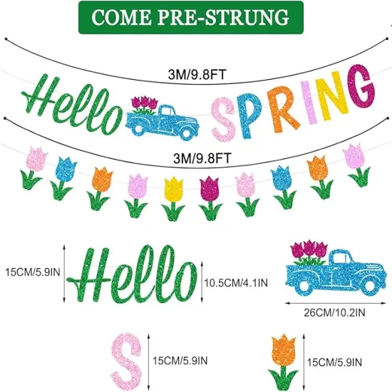 Glitter Hello Spring Banner with Tulip Truck Signs and Colorful Glittery Tulips Banner Hello Spring Tulips Flowers Garland Banner Spring Easter Birthday Party Fireplace Mantle Decorations {2}