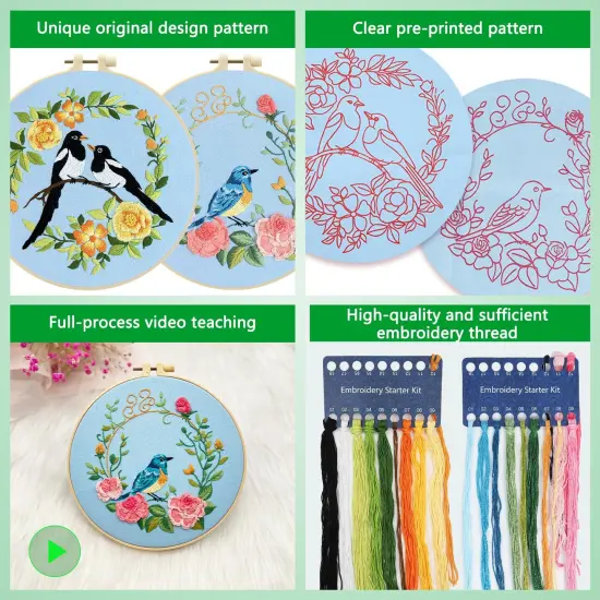 Embroidery Kit for Beginners Adults,Bird-Hummingbird Embroidery Kit Cross Stitch Kits for Beginner Easy to Learn Stitches Instruction Video Stamped Embroidery Pattern Flowers B2-2 Sets {2}