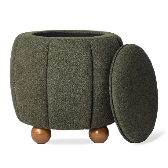 19"H Boucle Upholstered Storage Ottoman Stool with Rubberwood Feet Green {6}