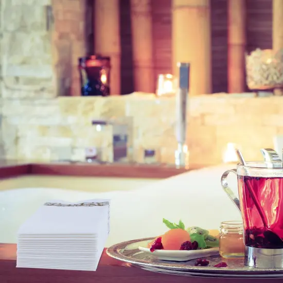 JOLLY CHEF 100 Disposable Hand Towels, Soft and Absorbent Linen Feel Dinner Napkin, Elegant Decorative Paper Guest Towels for Kitchen, Bathroom,Weddings,Parties, Gold and White {4}