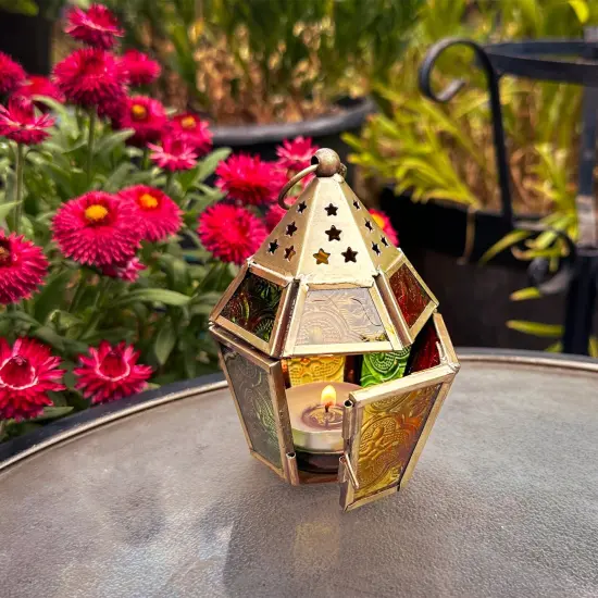 In the Breeze 9207 &mdash; Red, Yellow & Green Mini Hex Tealight Lantern &mdash; Moroccan-Style Boho Chic Tealight Glass and Metal Tabletop Lantern {3}
