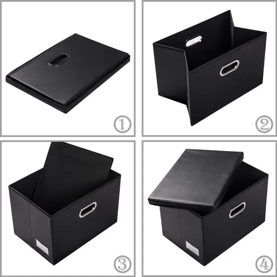 Large Collapsible Storage Bin with Lid [1-Pack] Leather Fabric Foldable Storage Box Organizer Containes Basket Cube with Cover for Home Bedroom Closet Office Nursery Black (17.7x11.8x11.8) {4}