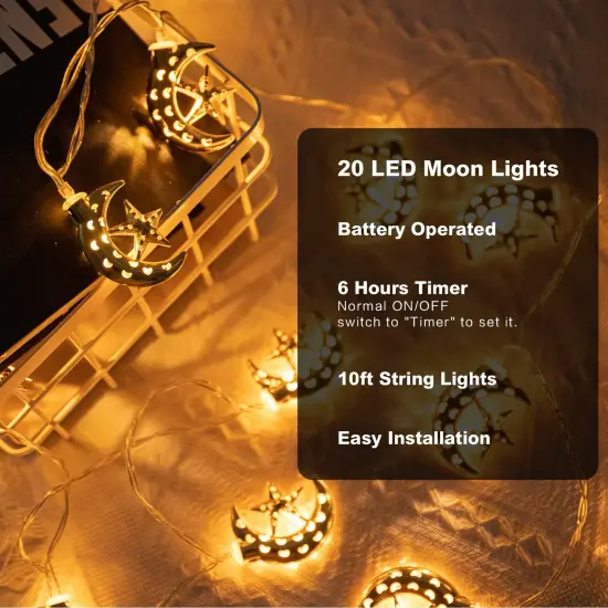 Vigdur Ramadan String Lights - 20 LEDs Eid Mubark Moon Star Fairy Lights Battery Operated with Timer, Ramanda Decoration Lights for Eid Al Adha Ramadan Home Decor, 10FT {6}