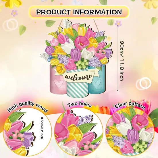 Spring Welcome Sign Wood Front Door Decor Spring Wood Hanging Door Outdoor sign Decorations for Farmhouse Porch (Bright Style) {3}