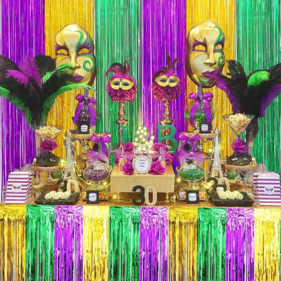 4 Packs Mardi Gras Table Skirts & 2 Pack Mardi Gras Tinsel Curtains,29x108 Inch Metallic Foil Fringe Table Skirts for Carnival Mardi Gras New Orleans Masquerade Party {5}