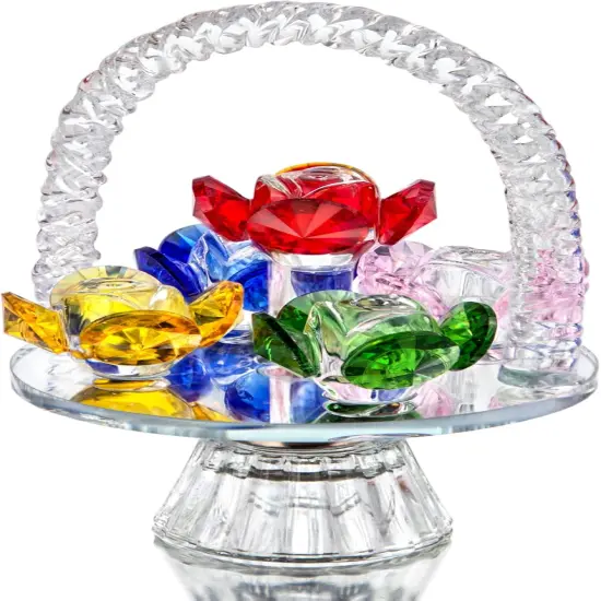 Colorful Crystal Flower Basket Figurine Ornament, Glass Flower with Rotating Base for Home Dress Table Centerpiece {1}