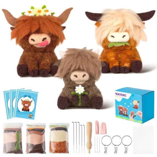 Highland Cow Needle Felting Kit - Set of 3 Different Highland Cow Doll Wool Felt Needle Felting Tools Foam Pad, DIY Home Decoration Needle Felting Craft Party Supplies for Beginners {1}