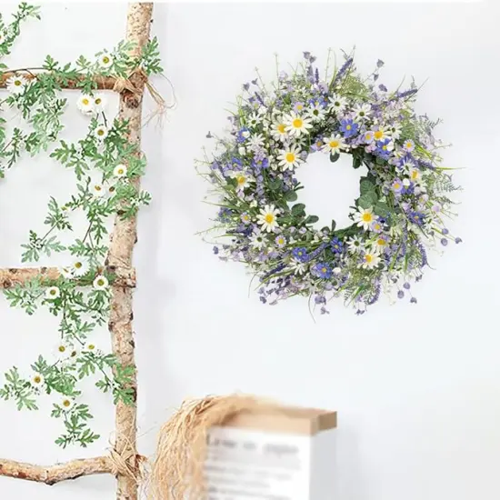 24 Inch Spring Wreaths for Front Door Summer Door Wreath Spring Flower Wreaths Summer Wreath with Daisy Lanvender for Spring Summer Indoors Outdoor Home Decorations {4}