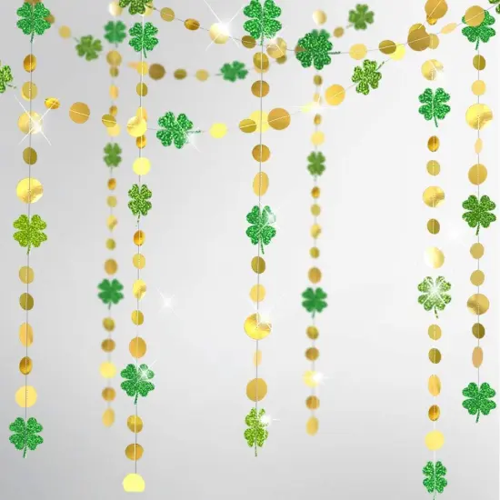 Cheerland Green Shamrock Garland St Patricks Day Decorations - 4 Leaf Clover Glitter St Paddy's Day Garland Hanging Streamers for St. Patrick's Day Irish Party Supplies and Spring Decor - 52Ft {1}