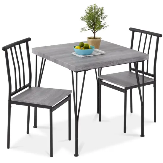 Best Choice Products 3-Piece Indoor Metal Wood Square Dining Table, Furniture Set w/ 2 Chairs Gray {1}
