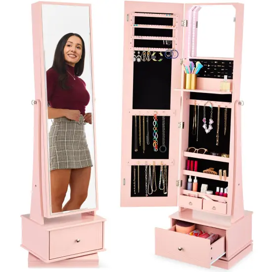 Best Choice Products 360 Swivel Standing Mirrored Jewelry Cabinet, LED-Lit Makeup Organizer w/ Mirror Walnut {7}