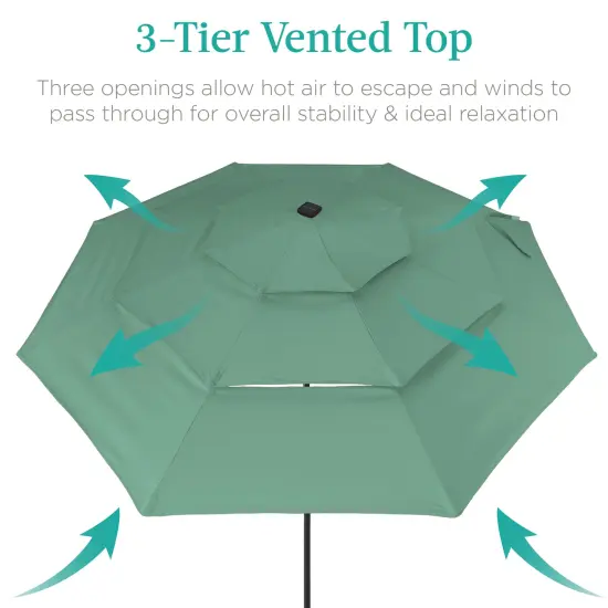 Best Choice Products 10ft 3-Tier Solar Patio Umbrella w/ 24 LED Lights, Tilt Adjustment, Easy Crank Seaglass {2}