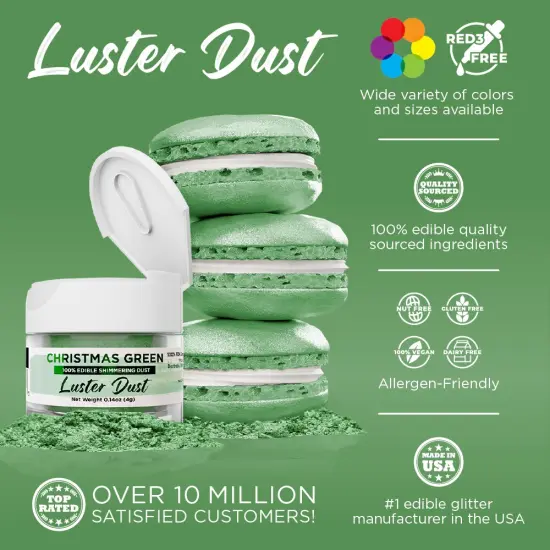 Bakell - Christmas Green Luster Dust (4g, 1x Jar) Edible Vegan Dust & Paint for Baking, Desserts and Beverages {2}
