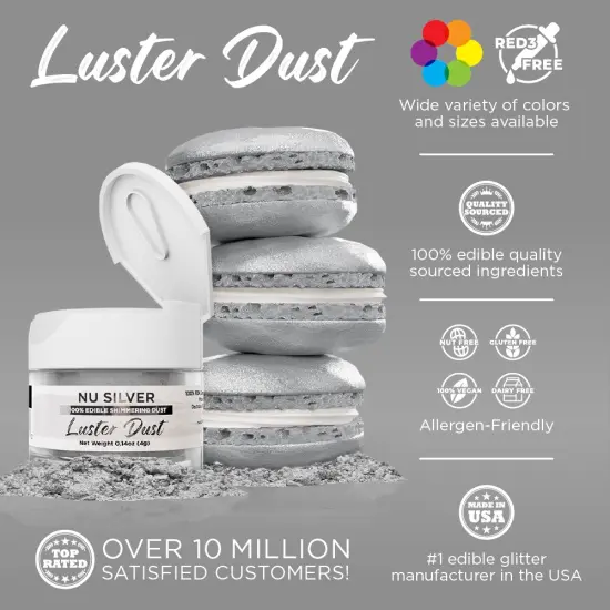 Bakell - Nu Silver Luster Dust (4g, 1x Jar) Edible Vegan Dust & Paint for Baking, Desserts and Beverages {2}