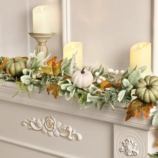 6 Ft Fall Autumn Garland with Lights - Green {5}