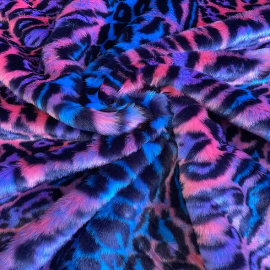 1 Yard Leopard Tie Dyed Faux Fur Fabric Black Light Reflective for Costumes and Decor Purple/PinkBlueBlack {1}