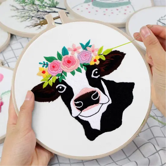 Louise Maelys Cow Beginners Embroidery Kits,Cross Stitch Starter kit for Adults with Embroidery Cloth Hoop Needles Instruction and Threads {5}
