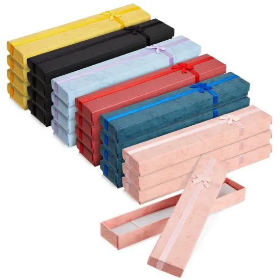 24 Pack Empty Jewelry Gift Boxes for Necklaces, Bracelets, Press On Nail Packaging with Lids and Decorative Ribbon Knot, 6 Colors (7.9 x 1.6 In) {1}