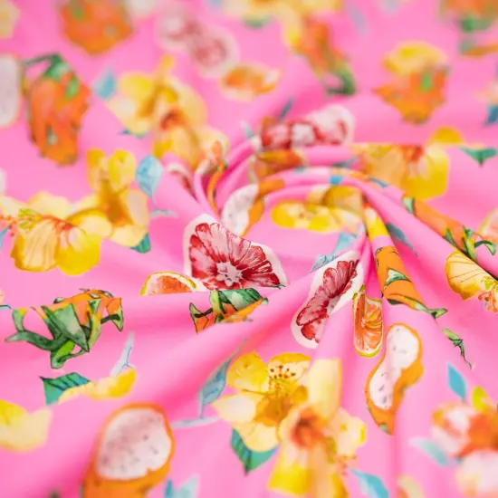 1 Yard Exotic Fruits and Yellow Hibiscus Flowers on Pink Printed Spandex Fabric 36" x 58/60" L by Wide {3}