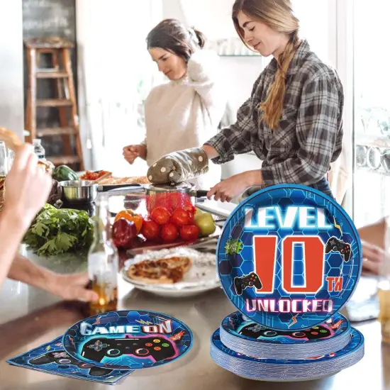 96 Pcs 10th Birthday Video Game Party Supplies 350 GSM Video Game Birthday Decorations Disposable Paper Plates and Napkins Tableware Set for Kids Boys 10th Birthday Gamer Gaming Party Serves 24 {2}