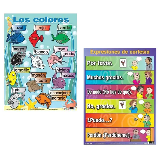 Poster Pals Spanish Educational & Language Teaching basic Posters, large colorful charts, classroom reference and instruction, 7 pack {3}
