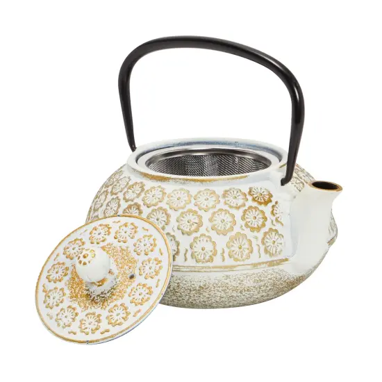 White Floral Cast Iron Teapot Kettle with Stainless Steel Loose Leaf Infuser (34 oz) {5}