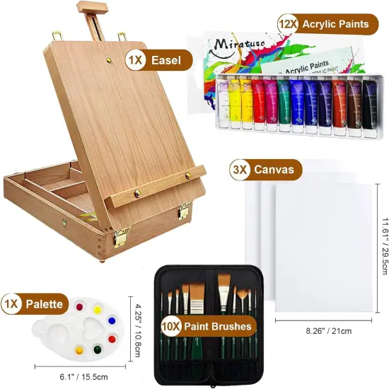 Deluxe Art Supplies 27 Pieces Art Set with Tabletop Easel, 12 Colors Acrylic Paint {2}