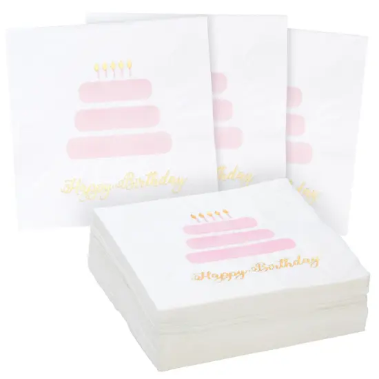 50 Pack Light Pink Happy Birthday Cocktail Napkins for Women with Gold Foil Accents, 3-Ply (5 x 5 In) White {1}