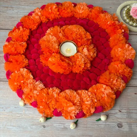 Rangoli Mat Diwali Decor Round Tea Light Holders Artificial Marigold Flowers Pompom Decorative Home Pooja Temple Decor Housewarming Return Gift Day of the Dead Dia De Los Muertos Ofrenda {3}