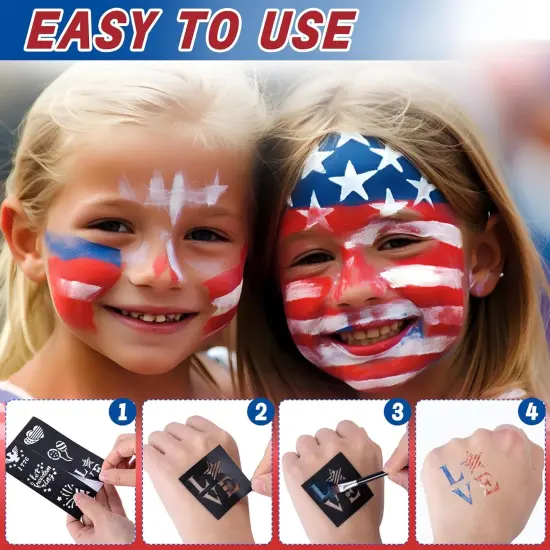 2 Set Patriotic Face Paint Kit with 12Pcs Stencil Stickers and Brush {4}