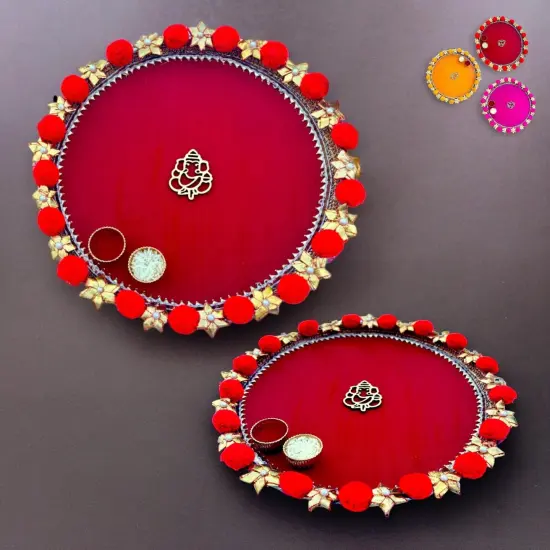 Steel Pompom Ganesha Decorated Pooja Thali Handmade Aarti Rituals Platter Festival Haldi Kumkum Thali Puja Teej Diwali Wedding Engagement Plate Decorations - Housewarming Gift Red {1}