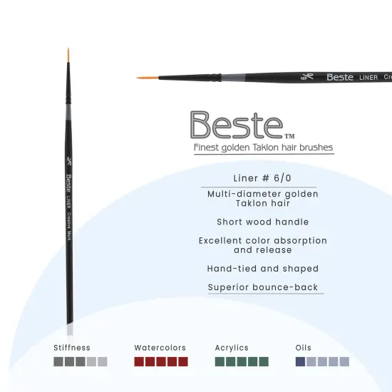 Creative Mark Beste Golden Taklon Liner #6x0 - 3 Pack Artist Paint Brush, Professional Watercolor Brushes, For Acrylic Painting, Short Handle, Sharp Edges, Hand-Tied & Shaped {3}