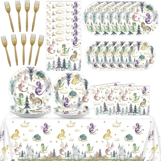 98 Pcs Watercolor Dragon Party Tableware Set - 24 Guest {1}
