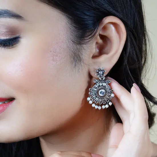 Indian Oxidized Jhumka Earrings for Women - Round Oxidized Jhumki Ethnic Chandbali Earrings Faux Pearls with Oxidized Platting Bollywood Style Dangle Earring Jewelry for Bride Gift for Her White {7}