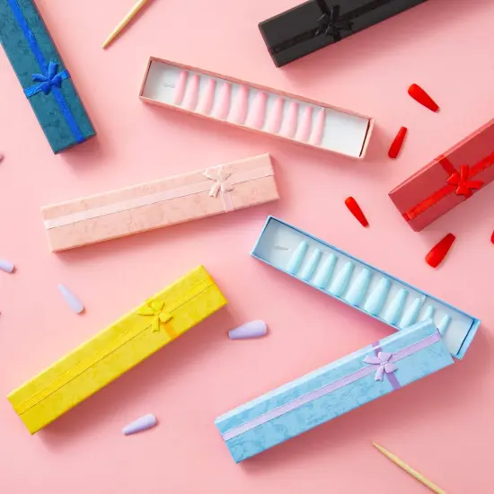 24 Pack Empty Jewelry Gift Boxes for Necklaces, Bracelets, Press On Nail Packaging with Lids and Decorative Ribbon Knot, 6 Colors (7.9 x 1.6 In) {3}