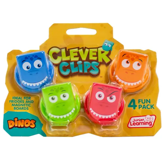 Junior Learning: Clever Clips - Dinos - 4pc Fun Pack, Strong Magnetic Back, Colorful Dinosaur Face Clips, Fridges & Magnetic Boards, Home & School {1}