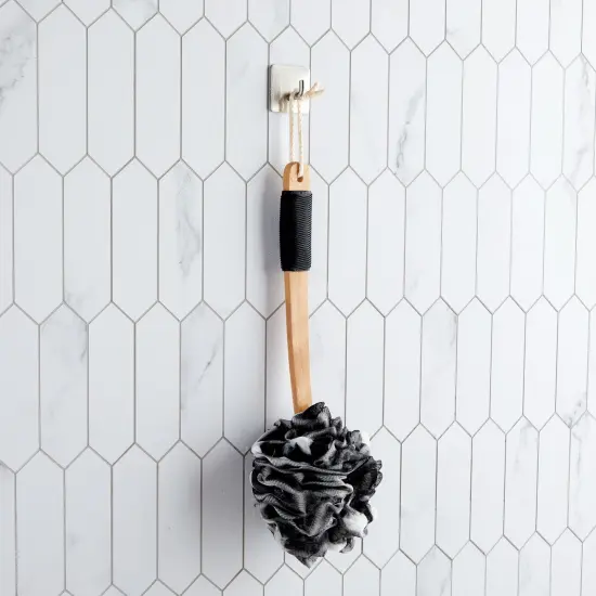 Loofah Bath Set with 1 Loofah on A Stick, 2 Sponge Poufs, and 1 Shower Hook Black {4}