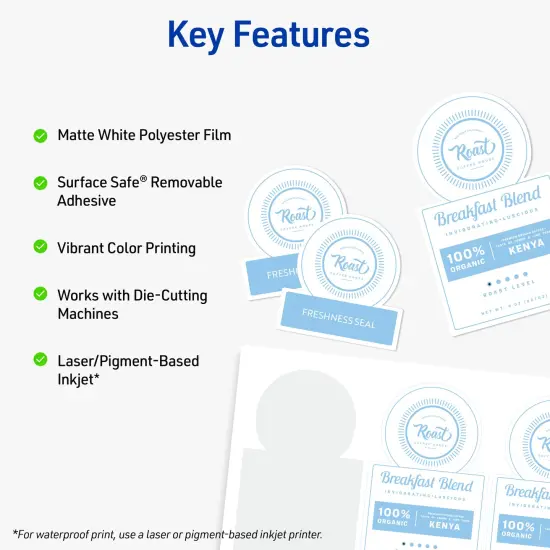 Avery Durable DIY Polyester Sticker Paper, 8.5" x 11", Removable Surface Safe Adhesive, Water-Resistant with Laser or Pigment-Inkjet Printers, 3 Full-Size Label Sheets (61512) {2}