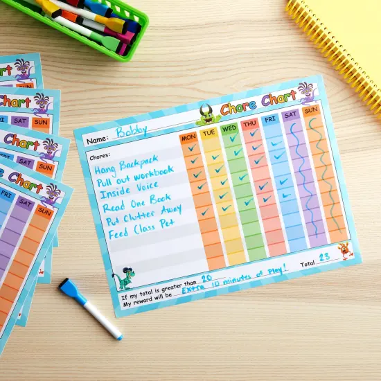 Juvale 6 Pack Dry Erase Chore Chart for Kids Ages 3-14, Reusable Behavior Reward Board with Stick-On Backing for Classroom, Monster Designs (14.5 x 11 In) {4}