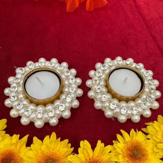 Pearl T-light Holder, Tealight Candle Holder Festival of Light Decorative for Diwali Christmas Thanksgiving Housewarming Gift Moti Candle Stand for Centerpiece Dining Table Home Decor {5}