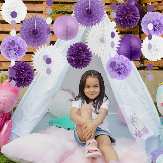 Purple White Lavender Party Decorations Paper Fans Paper Pom Pom Flowers Lanterns Baby Bridal Shower Wedding Bachelorette Graduation {2}