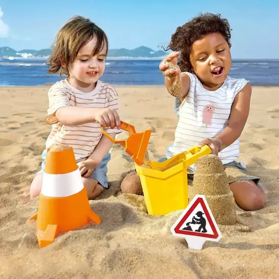 Hape: Sand Construction Playset - 4pc Beach Toy Set, Digger Bucket, Bulldozer Shovel, Safety Cone, Indicator, Scoop & Dig, Water Play, Kids Ages 3+ {4}