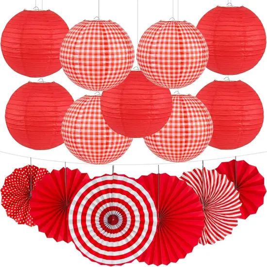 15Pcs Red Party Decorations Supplies Set, Hanging Red Paper Lanterns Paper Fans {1}