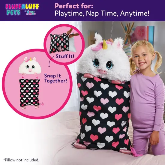 Happy Nappers: FluffALuff Pet - Unicorn - 2-In-1: Plush Character & Snap-On Pillowcase, White-Pink, Soft-Huggable, Cover Fits Standard Size, Play-Nap {6}