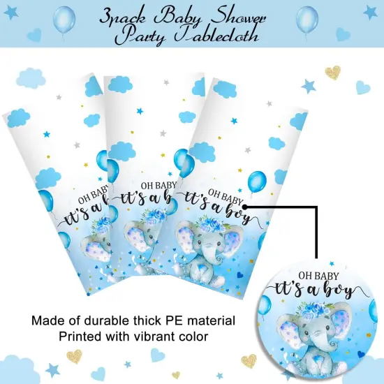 3 Pack Elephant Baby Shower Tablecloth Decorations-54 x 108 Inch, Blue {2}